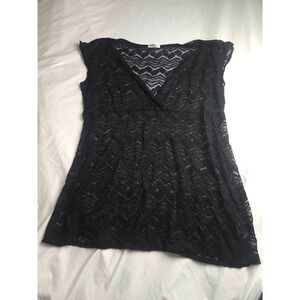 Hot Touch Blouse Womens Large Black Lace Cap Sleeve V-Neck Sheer Lightweight